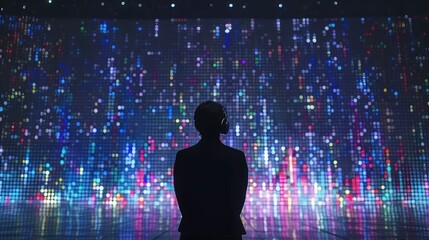 A person is standing in front of a large screen with a colorful display