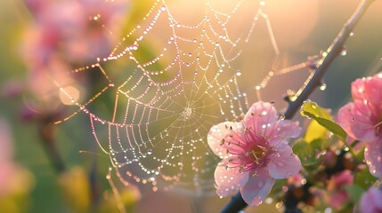 A Delicate Dance of Nature Morning Dew Glistening on a Spiders Web Amongst the Soft Cherry 