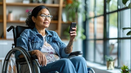 A woman in a wheelchair is looking at her cell phone