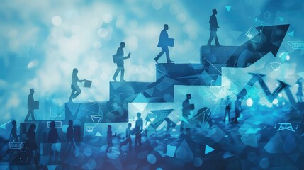 An artistic blend of career development icons like arrows and steps with workplace scenes, representing career progression journeys.