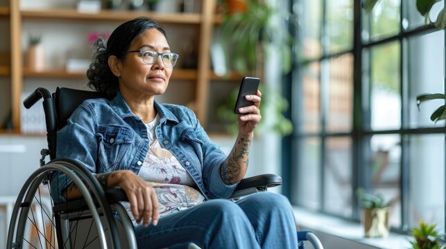 A woman in a wheelchair is looking at her cell phone