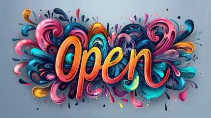 Open sign, poster with spectrum brush strokes on white background. Colorful gradient brush design