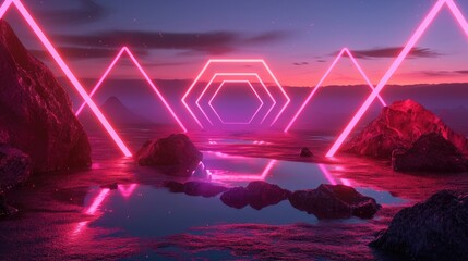 The great pink standing hexagon and triangle on the land that surrounded with a lot amount of the hills at the dawn or dusk time of the day that shine light to the every part of the picture. AIGX03.