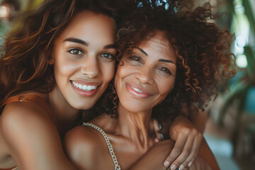 Young woman and older mother cuddling together, celebrating Mother's Day.