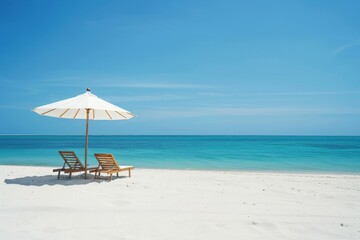 Idyllic Tropical Beach Paradise with White Sands, Turquoise Waters, and Sun Loungers. Horizontal banner with copy space