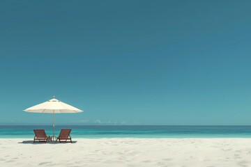 Serene Tropical Beach with White Sand, Umbrella, and Two Lounge Chairs Overlooking Ocean. Horizontal banner with copy space