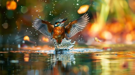 Obraz premium Beautiful birds swoop around the surface of the water in search of fish and the background creates a stunning backdrop.