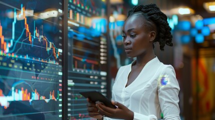 African American Businesswoman Analyzing Financial Charts on Digital Screen in Modern Office