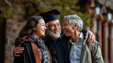 Fototapeta premium Proud Senior Man with Graduate Daughter and Happy Spouse on Campus