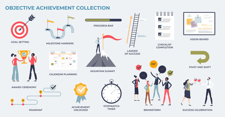 Objective achievement and goal milestone reaching tiny person collection set. Labeled elements with business challenge planning, vision, teamwork and effective time management vector illustration.