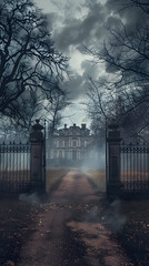 Obraz premium The Haunting Silence: An Ominous Depiction of a Classic Haunted Mansion