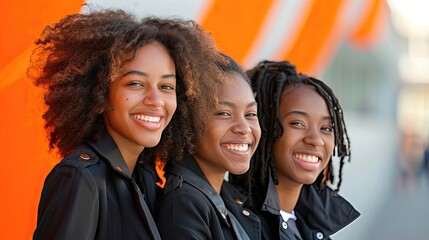 Three young women with curly hair are smiling and posing for a picture