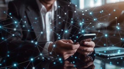 Businessman Using Smartphone with Digital Network Connection Concept in Modern Office. Horizontal banner with copy space