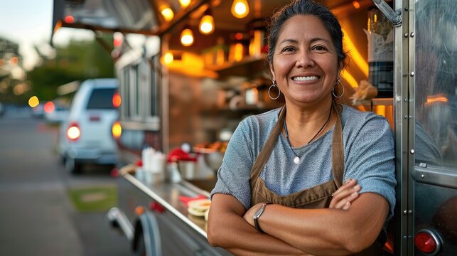 A woman stands in front of a food truck, smiling and looking happy - Powered by Adobe
