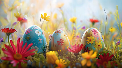 easter eggs and flowers in grass