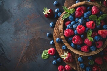 Fresh Berries Assortment in Wooden Bowl on Dark Surface: Blueberries, Raspberries, and Strawberries. Horizontal banner with copy space - Powered by Adobe