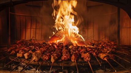 A traditional clay tandoor oven glowing with heat, cooking skewers of marinated meats for classic Indian kebabs.