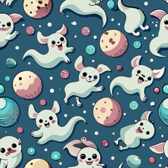 Seamless pattern of playful ghost puppies and bouncing balls, Generative AI