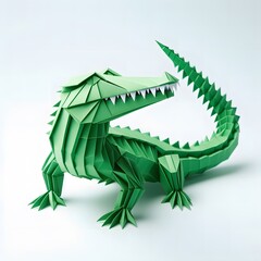 Naklejka premium Green crocodile, folded paper, white background