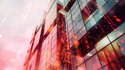 An abstract representation of a modern building overlaid with binary code, highlighting the integration of technology in architecture.