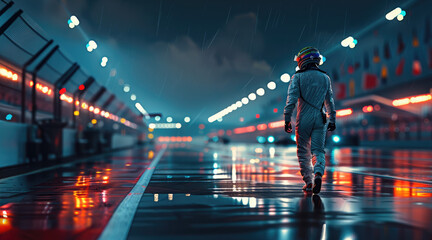 Racing driver walking on racetrack at night. Generative AI.