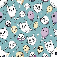 Obraz premium Seamless pattern of playful ghost puppies and bouncing balls, Generative AI