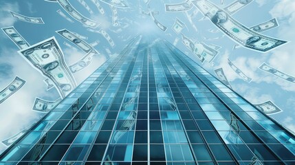 A conceptual image of a skyscraper merged with financial symbols like dollar signs and stock...