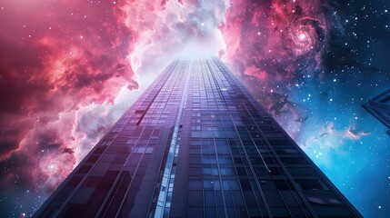 A conceptual image of a modern skyscraper blended with space and galaxy elements, symbolizing...