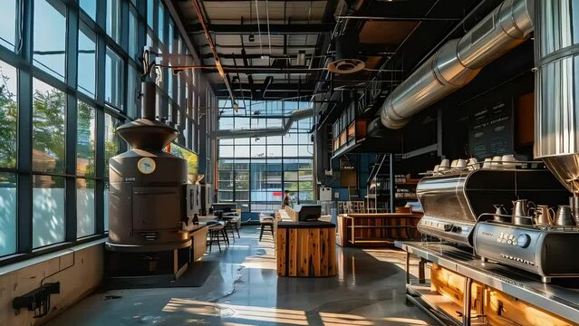Detailed 3D animation of a gourmet coffee roastery interior, showcasing the art of coffee roasting and cafe culture
