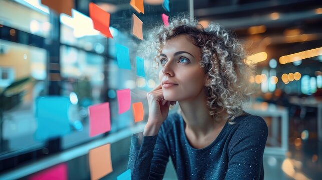 A woman with curly hair is looking out a window at a colorful board with sticky