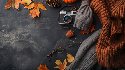 Stylish clothes accessories photo camera and autumn