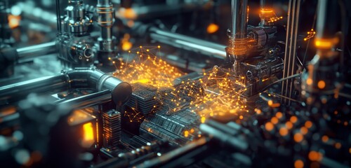 A concept image of a quantum computer core, with intricate connections and glowing qubits, set in a dark, mysterious lab environment. 32k, full ultra hd, high resolution