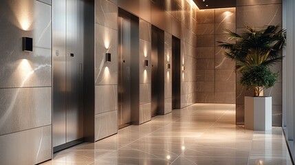 Modern elevator lobby with 3 elevators, residential complex, light beige and graphite colors, interior design trends, soft lighting. Generative AI.