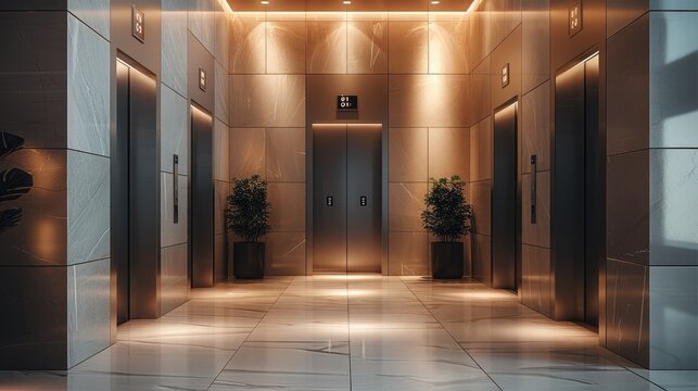 Modern elevator lobby with 3 elevators, residential complex, light beige and graphite colors, interior design trends, soft lighting. Generative AI.