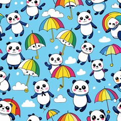 Seamless pattern of smiling ghost pandas with rainbow umbrellas, Generative AI