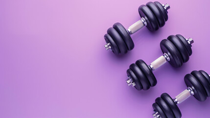 Stylish dumbbells and fitness expander on purple background