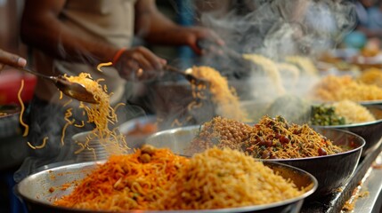 A traditional Indian street food vendor skillfully assembling spicy chaat snacks topped with tangy chutneys and crunchy sev.