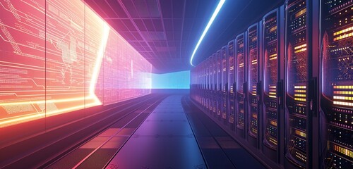 A futuristic data center with rows of sleek, illuminated server racks extending into the horizon, set against a backdrop of a digital network visualization. 32k, full ultra hd, high resolution