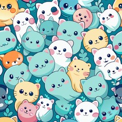 Seamless pattern of tiny ghost kittens cuddling with plush toys, Generative AI