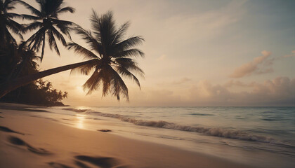 tall coconut tree with a single branch reaching to the sea on the beach in a tropical location, side view
