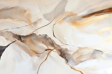 Alcohol ink with thin gold lines on a white background. Fluid texture with abstract shapes and forms in neutral tones of beige, grey, and brown, organic fluid lines in the style of nature.