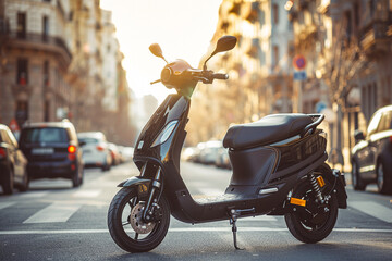 Black electric moped on city streets. Convenient and fast transport for moving around big city.