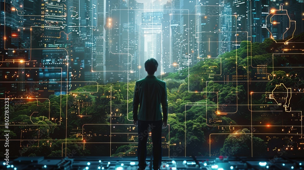 Aufkleber The innovative harmony of nature and technology as an engineer on the convergence point of a computer circuit board, illuminated by the glow of blue light and wireframe network. Generative AI.