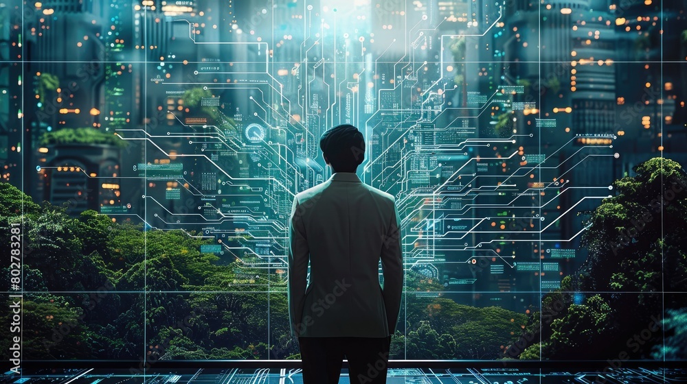 Aufkleber The innovative harmony of nature and technology as an engineer on the convergence point of a computer circuit board, illuminated by the glow of blue light and wireframe network. Generative AI.
