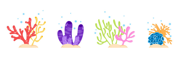 Set of underwater coral plant aquarium decoration tropical ocean marine flat illustration