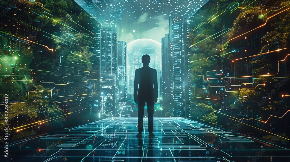 Aufkleber The innovative harmony of nature and technology as an engineer on the convergence point of a computer circuit board, illuminated by the glow of blue light and wireframe network. Generative AI.
