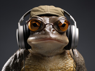 A frog wearing headphones and glasses