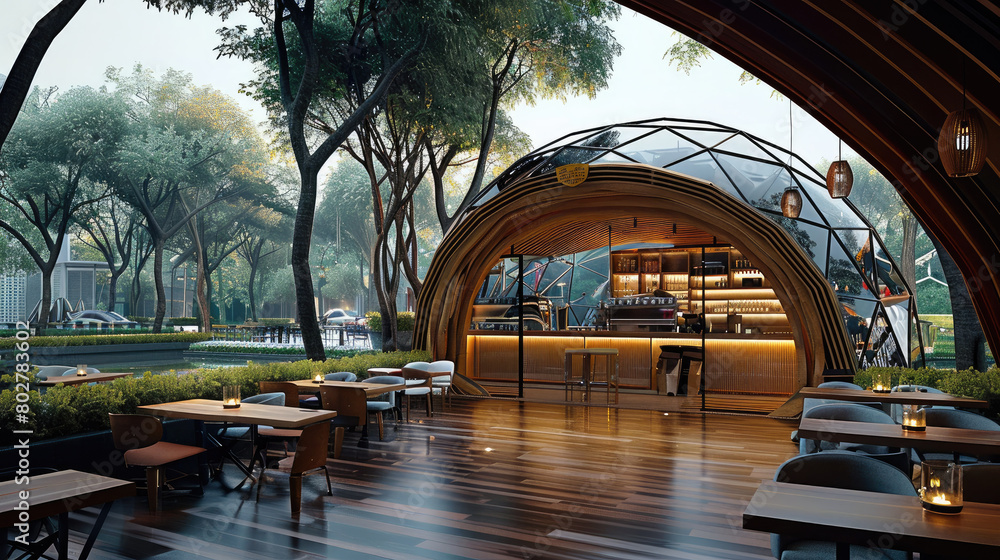 Poster The coffee shop is a semi-circular dome and the structure is made from bamboo. Generative AI.