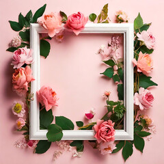 Generative AI image of fresh blooming flowers of various colors and green leaves placed around empty pink photo frame against pink background