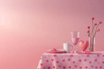 A table with a white tablecloth and pink hearts on it